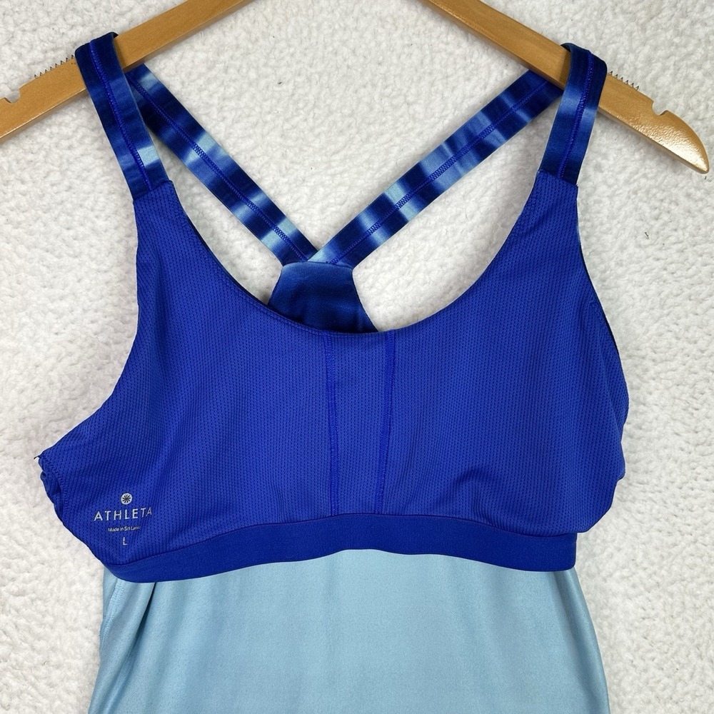 Athleta Tankini Swim Top Womens L Blue Racerback Shelf Bra Crossback Athletic - Picture 7 of 14